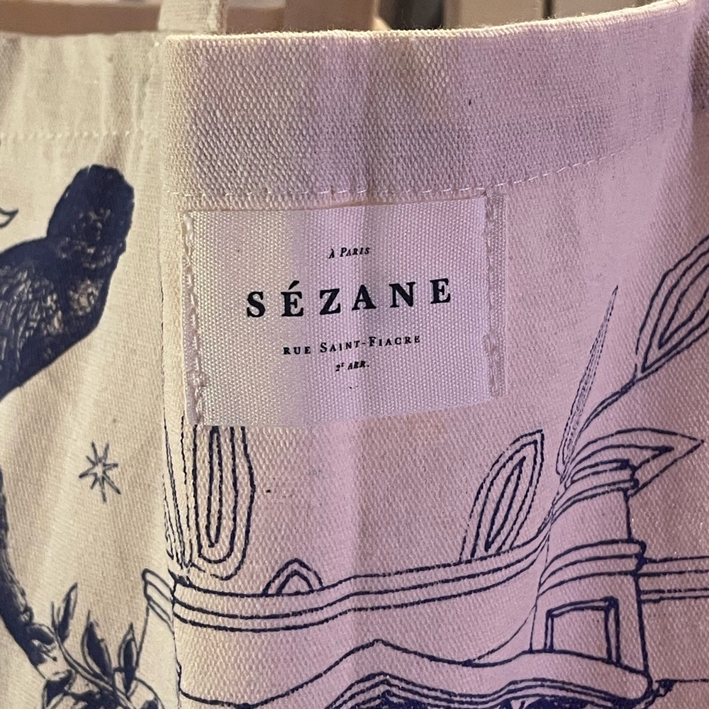 Sezane Cream Canvas Tote with Navy Animal & Architectural Print - Picture 5 of 6